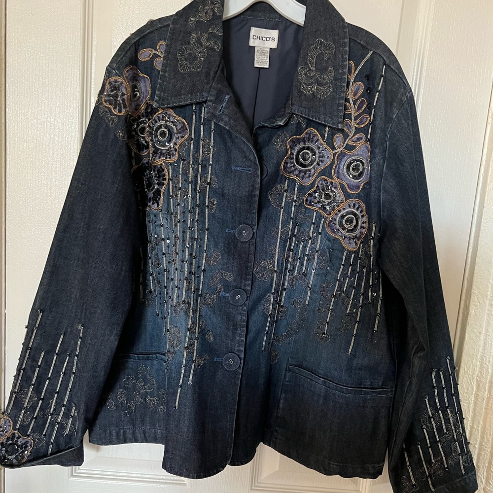 Chico's Midnight Blue Floral Denim Jean Jacket